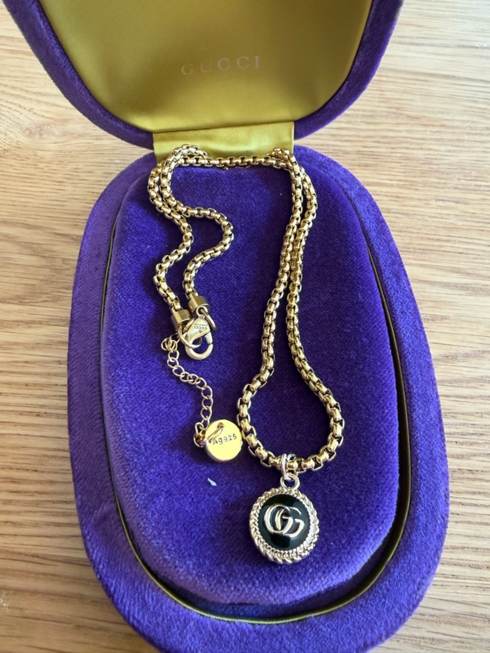 Gucci Gold-Tone Chain Necklace with Black GG Medallion - Picture 3 of 3